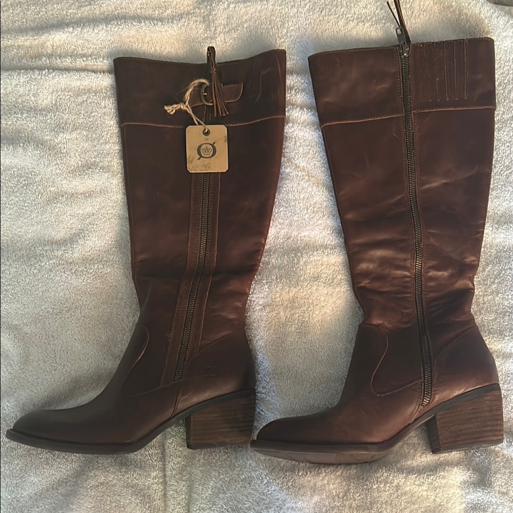 Born Brown Heeled Boots with Decorative Stitching and Pointed Toe